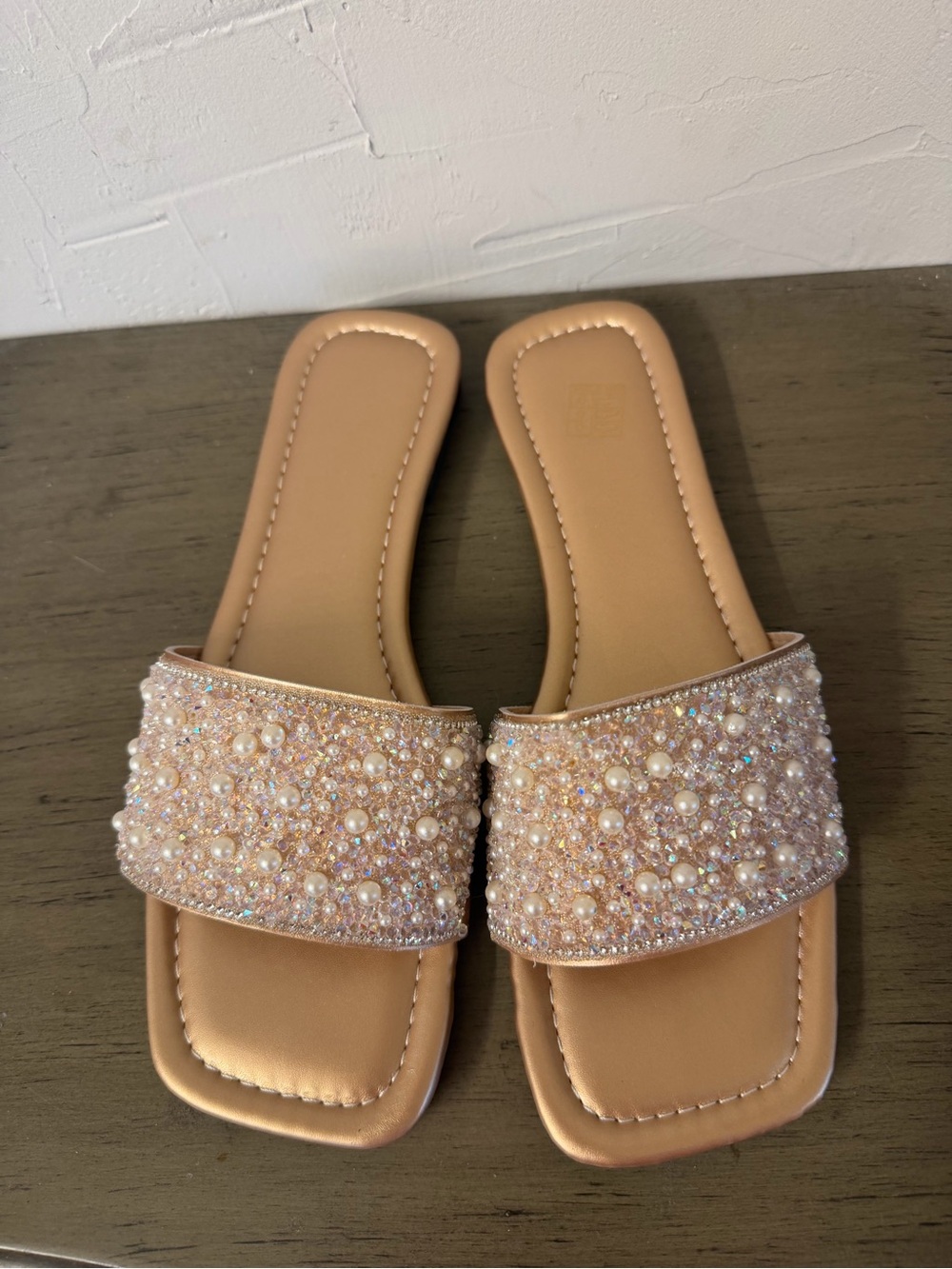 Pearl-Embellished Nude Slide Sandals